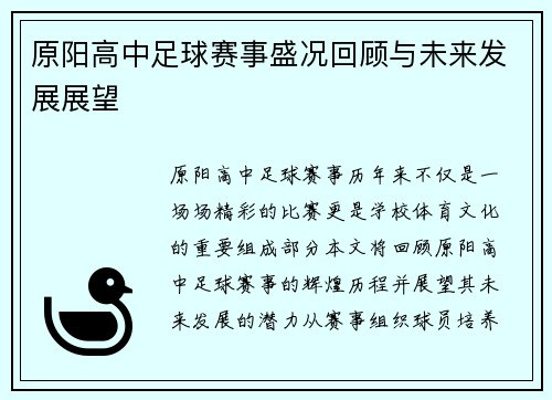 原阳高中足球赛事盛况回顾与未来发展展望