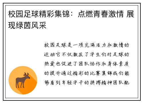 校园足球精彩集锦：点燃青春激情 展现绿茵风采