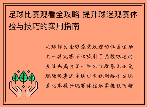 足球比赛观看全攻略 提升球迷观赛体验与技巧的实用指南