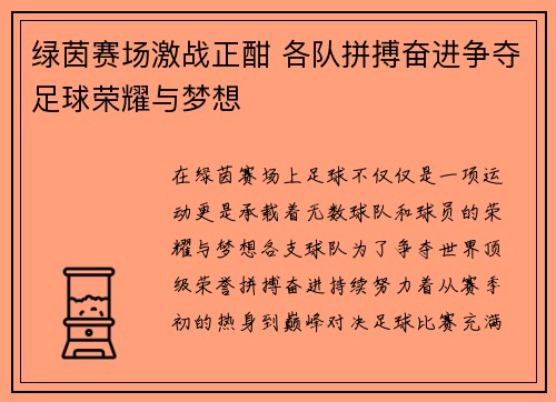 绿茵赛场激战正酣 各队拼搏奋进争夺足球荣耀与梦想
