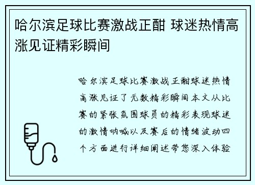 哈尔滨足球比赛激战正酣 球迷热情高涨见证精彩瞬间