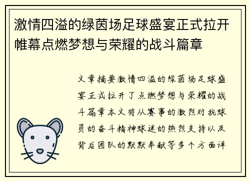 激情四溢的绿茵场足球盛宴正式拉开帷幕点燃梦想与荣耀的战斗篇章