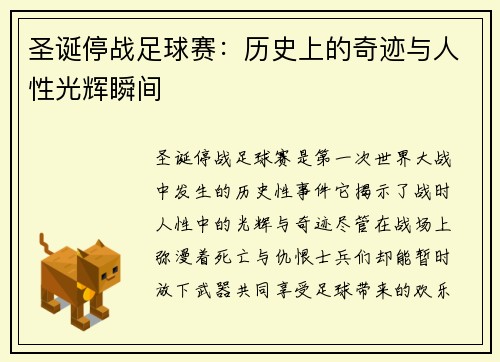 圣诞停战足球赛：历史上的奇迹与人性光辉瞬间