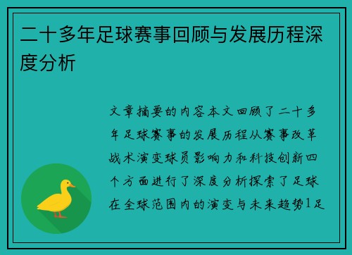 二十多年足球赛事回顾与发展历程深度分析