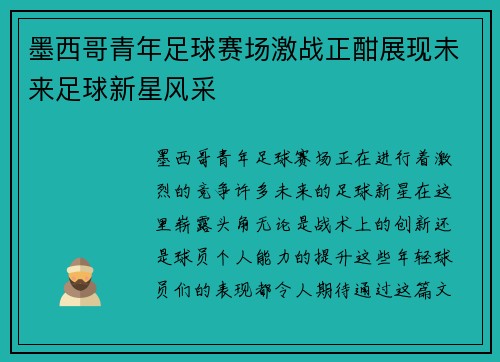 墨西哥青年足球赛场激战正酣展现未来足球新星风采