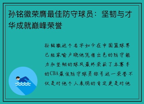 孙铭徽荣膺最佳防守球员：坚韧与才华成就巅峰荣誉