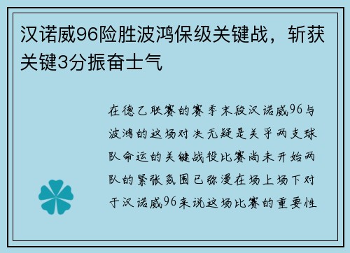 汉诺威96险胜波鸿保级关键战，斩获关键3分振奋士气