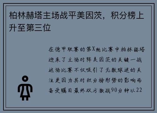 柏林赫塔主场战平美因茨，积分榜上升至第三位
