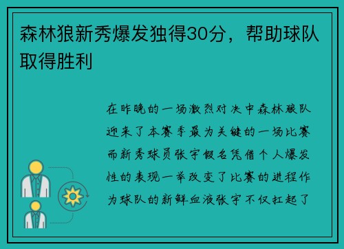 森林狼新秀爆发独得30分，帮助球队取得胜利