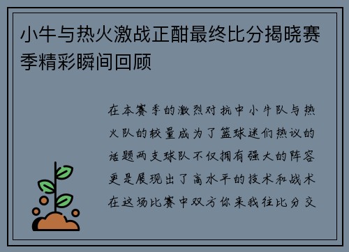 小牛与热火激战正酣最终比分揭晓赛季精彩瞬间回顾