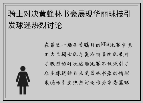 骑士对决黄蜂林书豪展现华丽球技引发球迷热烈讨论