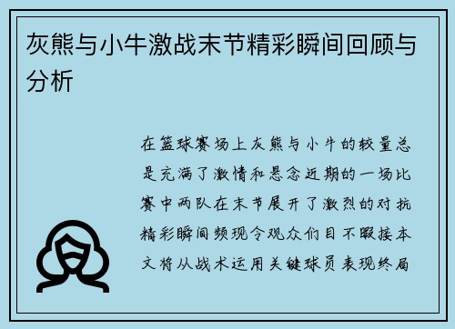 灰熊与小牛激战末节精彩瞬间回顾与分析