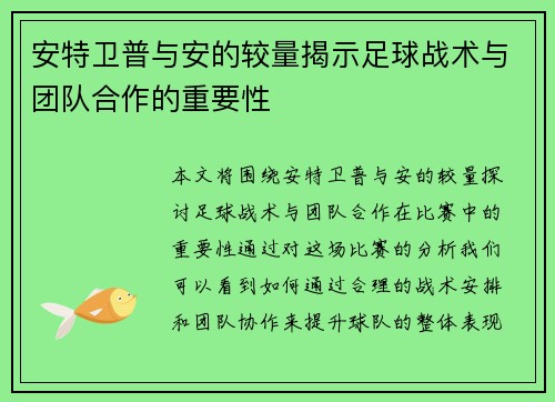 安特卫普与安的较量揭示足球战术与团队合作的重要性