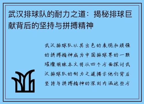 武汉排球队的耐力之道：揭秘排球巨献背后的坚持与拼搏精神