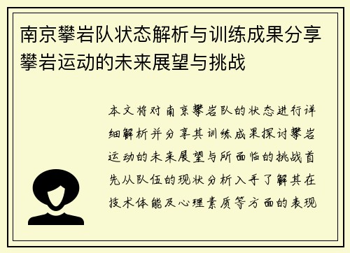 南京攀岩队状态解析与训练成果分享攀岩运动的未来展望与挑战