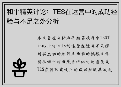 和平精英评论：TES在运营中的成功经验与不足之处分析