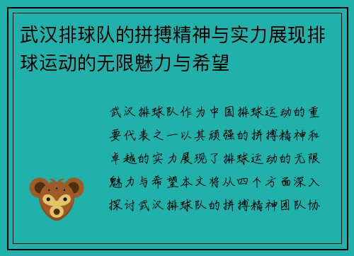 武汉排球队的拼搏精神与实力展现排球运动的无限魅力与希望